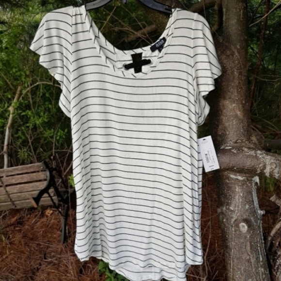 A.N.A. Ivory Cream Black Striped Lace Ties Back Top Tunic Comfy Blouse Summer - Picture 3 of 12